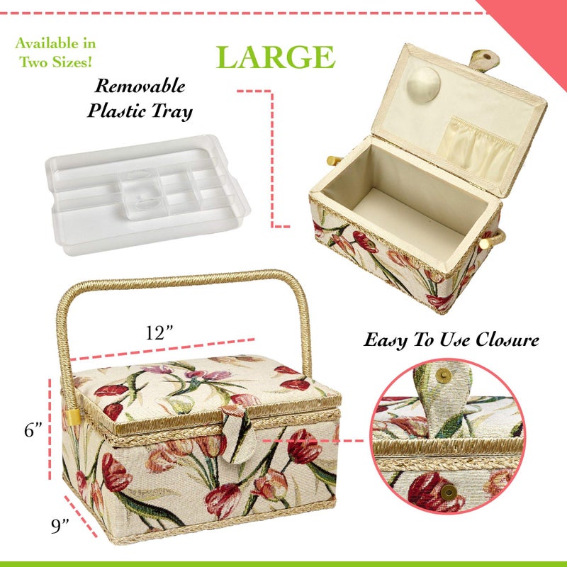 Adolfo Design Sewing Basket with Tulip Floral Print Design- Sewing Kit Storage Box with Removable Tray, Built-In Pin Cushion and Interior Pocket - Large - 12" x 9" x 6" - by Adolfo Design - Image 2
